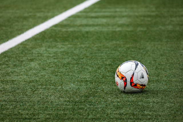 a soccerball sitting on a field